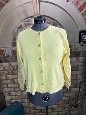 Christopher & Banks cardigan sweater ruffle hem heart button yellow